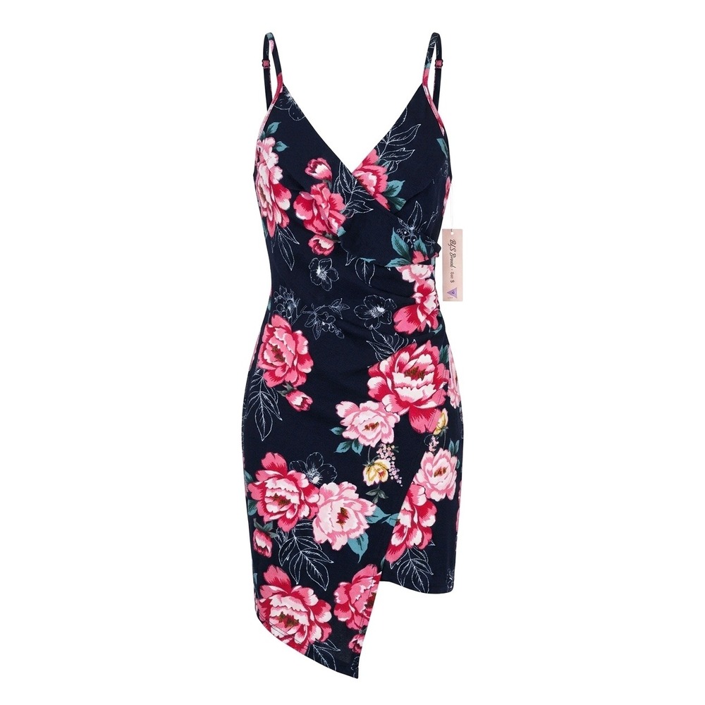 Crave Fame‎ Navy Pink Floral Asymmetrical Ruffle Wrap Mini Dress XS NEW